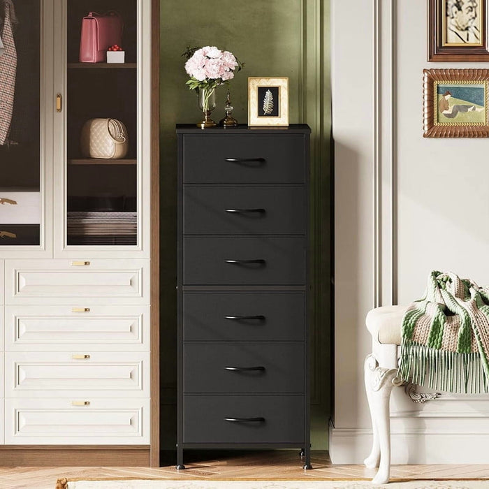 Bigleap 6-Drawer Slim Dresser, Fabric Storage Tower for Bedroom & Entryway, Sturdy Steel Frame & Wood Top for Small Spaces,Black