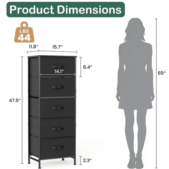 Aidoly 5-Tier Fabric Drawer Storage Organizer with Solid Surface Top - Multi-Functional Bedside & Room Organizer