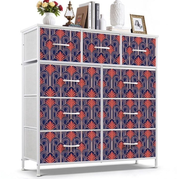 Betcozy 9 Drawers Fabric Dresser with White Metal Frame, Storage Tower for Bedroom, Classic Aesthetic Blue Wave