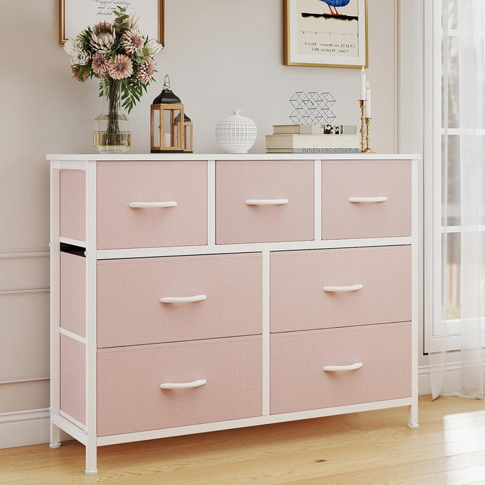 Ethovia 7-Drawer Fabric Storage Dresser, Sturdy Steel Frame with Wooden Tabletop, Wide Foldable Bins, Perfect for Bedroom, Hallway, and Entryway, Pink