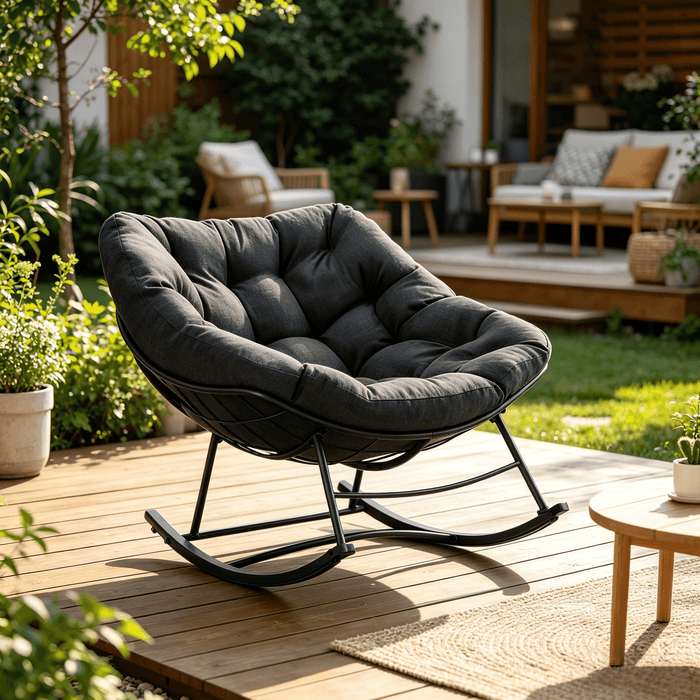 Blorly Oversized Rocking Papasan Chair with Thick Cushion, Rust-Resistant Metal Patio Rocker for Indoor & Outdoor, Heavy Duty 450lbs Capacity Lounge Chair, Black