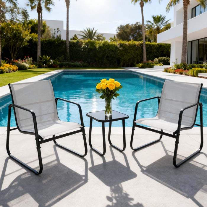 Simenmax 3-Piece Outdoor Set, Outdoor Furniture Set with Textilene Chairs & Glass-Top Table, Conversation Set of 3 for Porch, Lawn, Garden, Yard, Balcony, Poolside, Gray