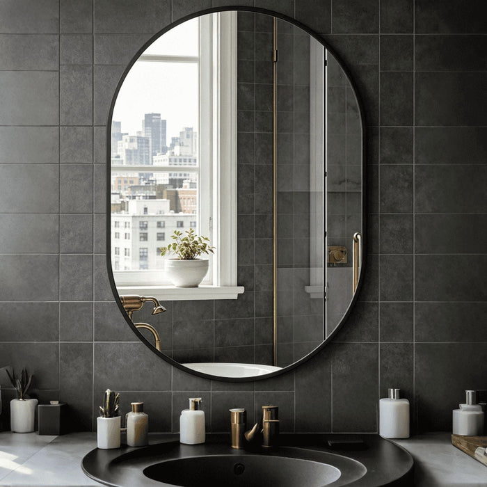 Taoset Modern Oval Wall Mirror, 24"X36" Matte Black Metal Frame Mirror for Bathroom Vanity, Entryway, Living Room, HD Reflection Rust-Resistant Decorative Hanging Mirror, Black
