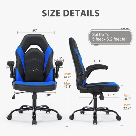 Ergonomic Gaming Chair, High Back PU Leather Computer Desk Chair with Lumbar Support, Flip-up Armrests & Adjustable Height