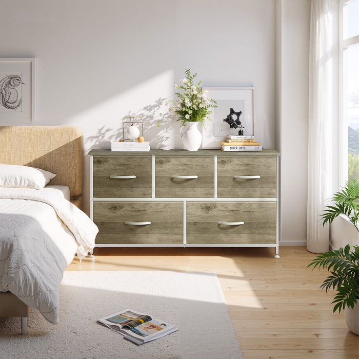 Betcozy Dresser, Storage Organizer with 5 Drawers for Bedroom, Chest of Drawers with Fabric Bins, Sturdy Metal Frame, Wood Tabletop, Smoked ash