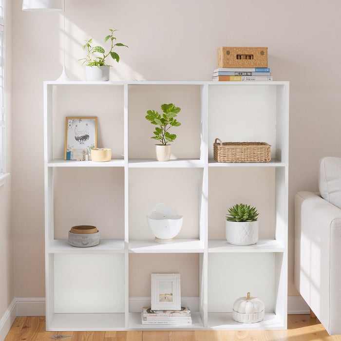 Simenmax 9 Cube Storage Organizer, Bookshelf with 5 Removable Back Panels for Living Room, Bedroom, Home Office, White