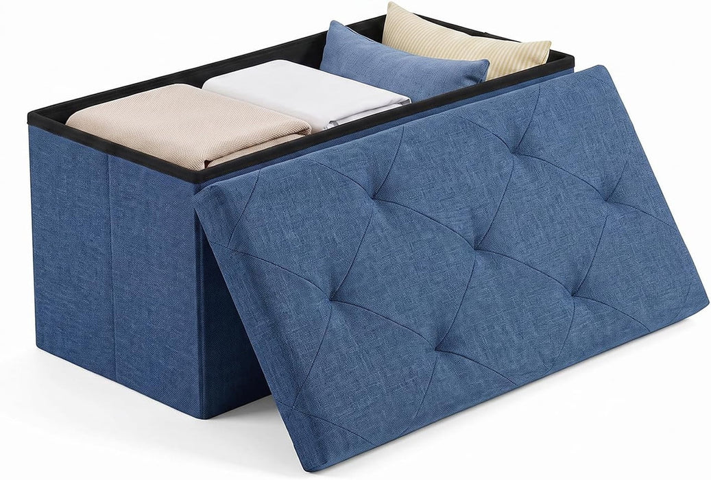 Simenmax 30-Inch Folding Storage Ottoman Bench, Linen Foot Rest Stool with Padded Seat, Heavy-Duty Bedroom Bench for Living Room, Entryway, or Home Office,Blue