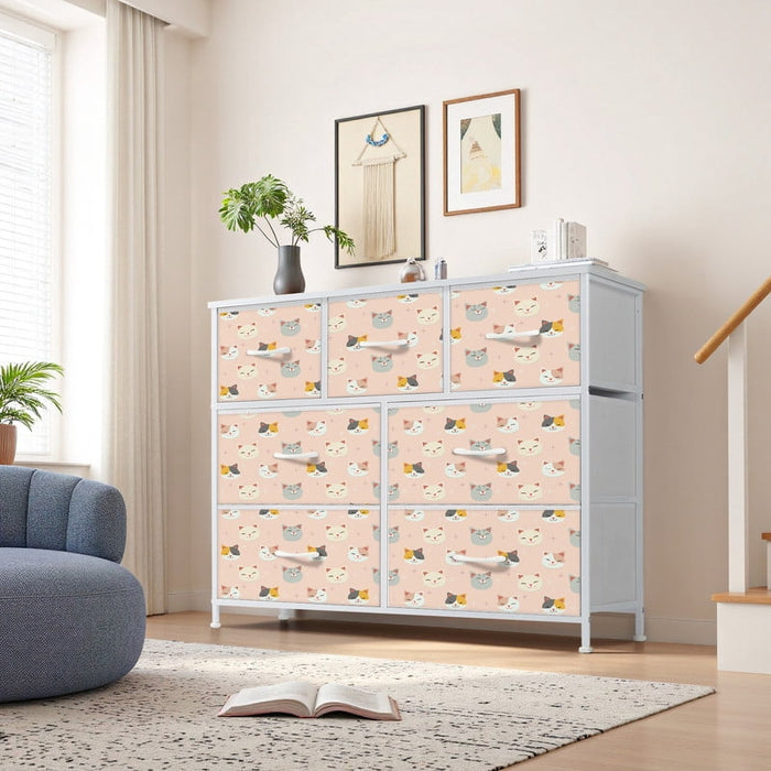 Taoset 7-Drawer Fabric Dresser with Cat Face Print, Kids' Bedroom Storage Cabinet