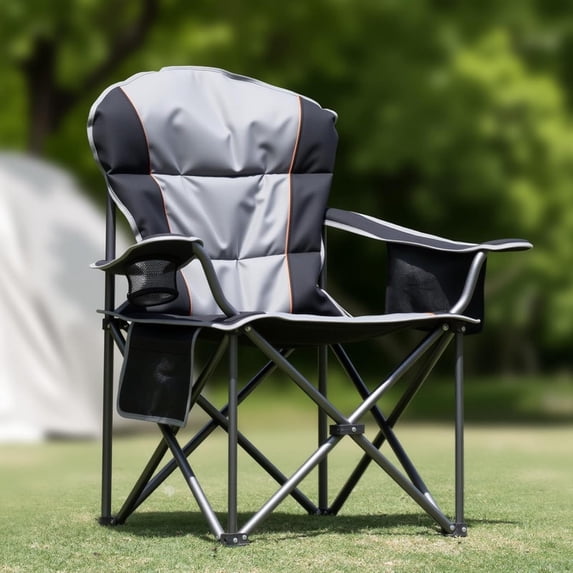 Bigleap Oversized Heavy Duty Camping Chair, Folding with Padded Seat, Cooler Bag & Cup Holder for Outdoor, Beach, Fishing, Concerts,Black
