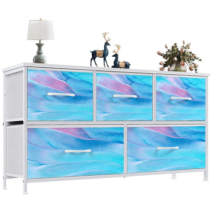 Nextay 5-Drawer Dresser, Wide Fabric Chest of Drawers, Nightstand Storage Tower with Wood Top for Bedroom Living Room,Dazzling Blue