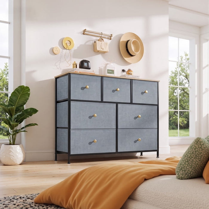 Betcozy 7-Drawer Fabric Dresser, Horizontal TV Stand & Main Bedroom Clothes Storage Unit, Metal Frame with Wooden Top, Blue