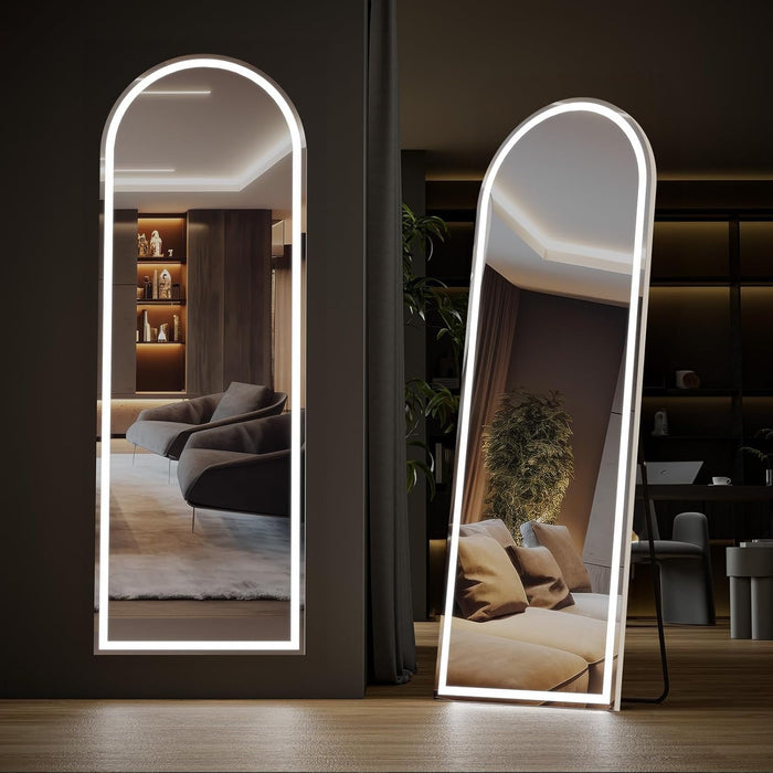 Blorly Arched Full Length Mirror with LED Lights, 63"x20" Lighted Floor Standing Mirror with Stand