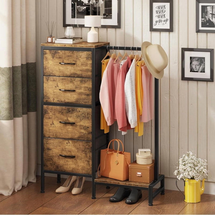 Bigleap 4-in-1 Storage Tower, Clothes Rack with Shoe Shelf and Drawers, Vertical Organizer for Entryway Living Room, Brown