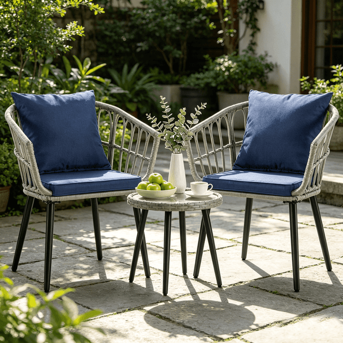 Blorly 3 Piece PE Rattan Patio Furniture Set, Outdoor Wicker Conversation Set with Thick Cushions and Glass Top Coffee Table, All-Weather Lawn Chairs Set for Backyard, Garden, Porch, Blue