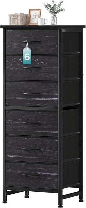 Simenmax 6-Drawer Dresser with Removable Bins, Slim Storage Tower with Sturdy Steel Frame, Fabric Chest of Drawers for Bedroom, Closet, Entryway, Black Wood