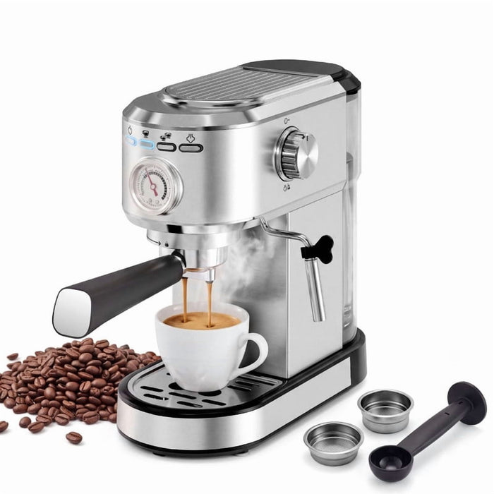 Simenmax 20 Bar Espresso Machine With Pressure Gauge, 1350W Stainless Steel Coffee Maker with Steam Wand, Removable Water Tank & Cup Warmer, Compact Semi-Automatic Latte & Cappuccino Maker