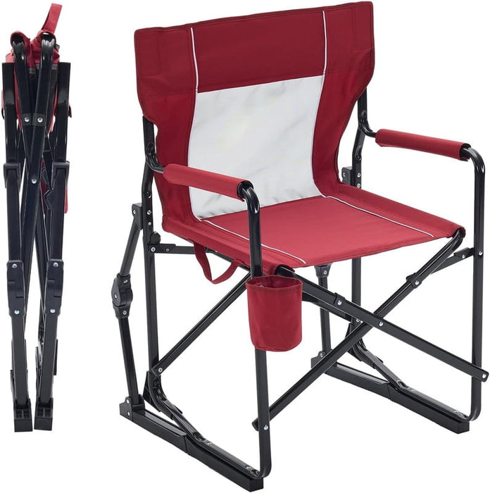 Simenmax Folding Rocking Camping Chair, Metal Frame Outdoor Chair with Waterproof Armrests & Cup Holder for Patio, Beach, Yard, Red