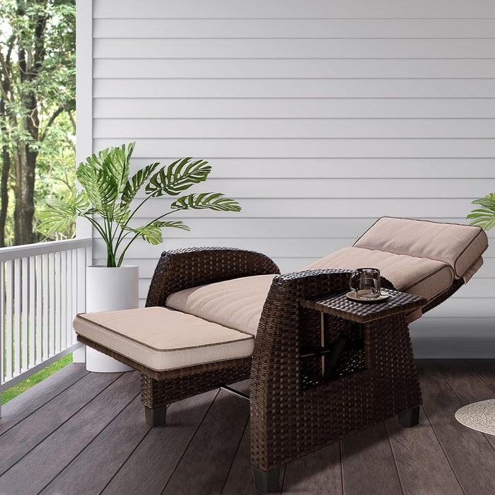 Blorly Wicker Recliner, Reclining Adjustable Lounge Chair with Hand-Woven Wicker, Rust-Resistant Frames, and Thickness Cushion for Indoor & Outdoor, Beige, 1PCS