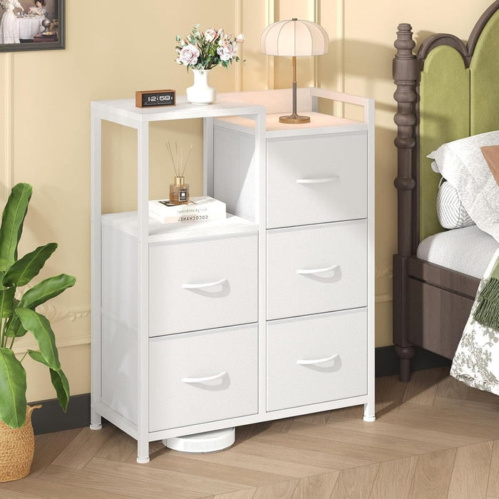 Bigleap 5 Drawer Fabric Dresser, 26" Wide Storage Tower with Side Cabinet & Open Shelf, Nightstand & Organizer for Bedroom, Closet, Entryway,White