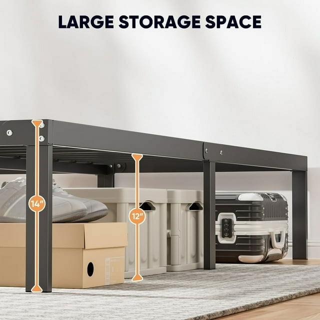 King Bed Frame, 14inch Metal Bed Frame No Box Spring Needed, Heavy Duty Metal Platform with Tool Free Setup, Black, Durable, Suitable for Bedroom