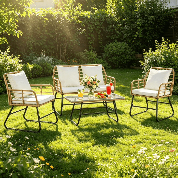 Blorly 4 Piece PE Rattan Patio Furniture Set, Outdoor Wicker Conversation Set with Thick Cushions and Glass Top Coffee Table, All-Weather Lawn Chairs Set for Backyard, Garden, Porch, Brown