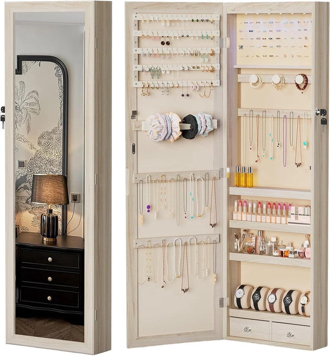 Simenmax 6 LED Mirror Jewelry Cabinet, 47.2" Lockable Wall/Door Mount Jewelry Armoire, Large Storage Organizer with Full-Length Mirror, 2 Drawers & Shelves (Beige)
