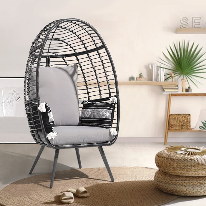 Beddle Egg Basket Chair, Large Wicker Lounger with Metal Stand & Cushion for Indoor/Outdoor Use