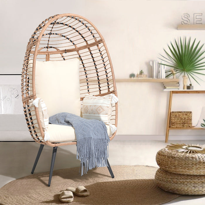 Beddle Egg Basket Chair, Large Wicker Lounger with Metal Stand & Cushion for Indoor/Outdoor Use