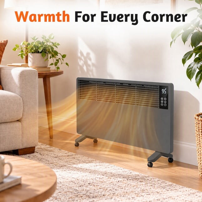 Betcozy 1500W Convection Panel Space Heater with Wheels, Wall-Mount Option, Fanless Quiet Heating, Adjustable Thermostat, ECO Mode, Gray