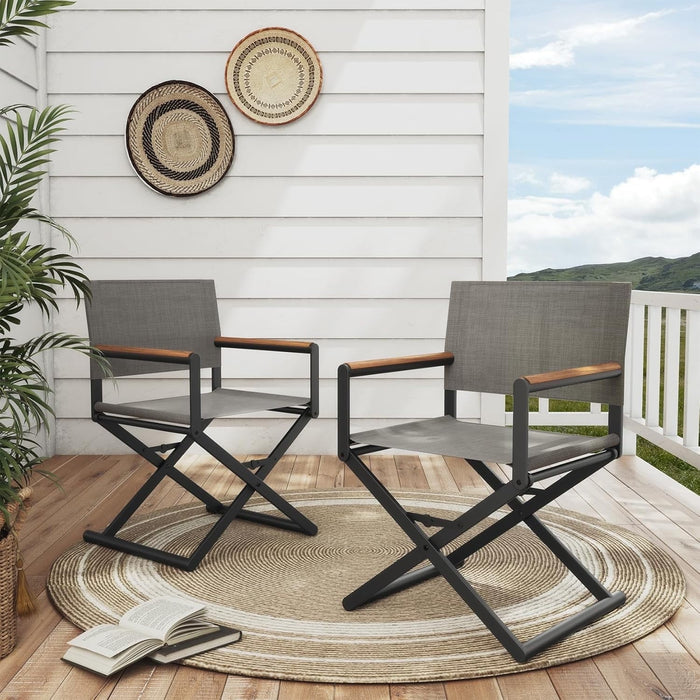 Betcozy Set of 2 Outdoor Sling Mesh Chairs, Extra-Wide Foldable Directors Chairs Sets, Woodgrain Armrests, Outdoor, Black