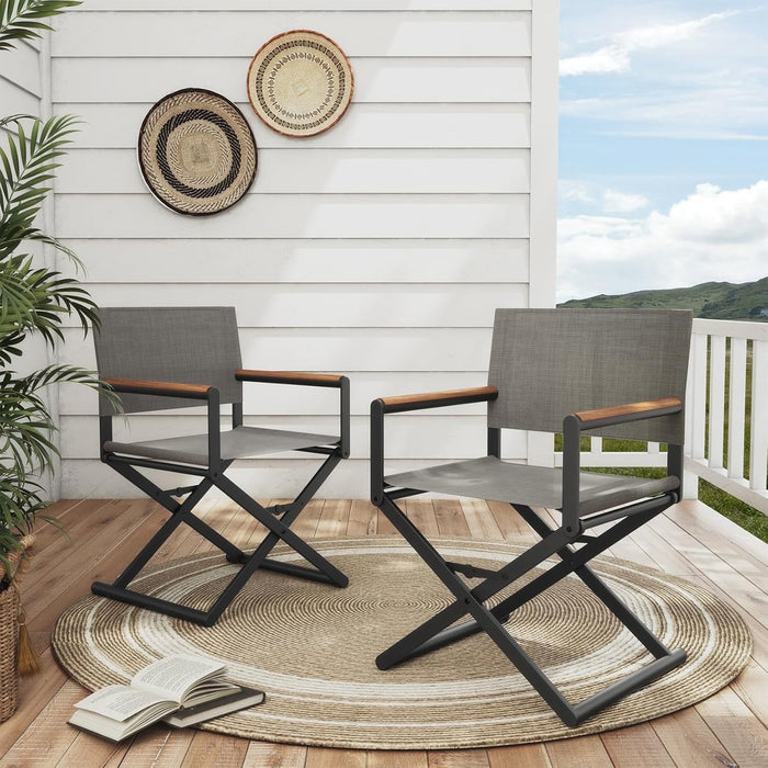 Betcozy Set of 2 Outdoor Sling Mesh Chairs, Extra-Wide Foldable Directors Chairs Sets, Woodgrain Armrests, Outdoor, Black