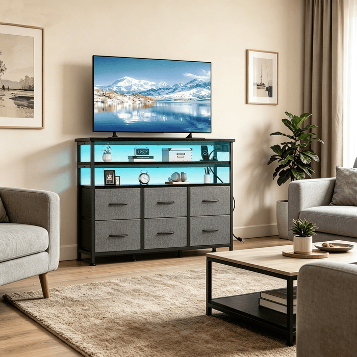 Blorly TV Stand with LED Lights & Power Outlet, 39" Entertainment Center with 2-Tier Open Storage Shelves, 6 Drawer Media Console Table for Living Room, Gaming Station for PS5/Xbox/Switch, Gray