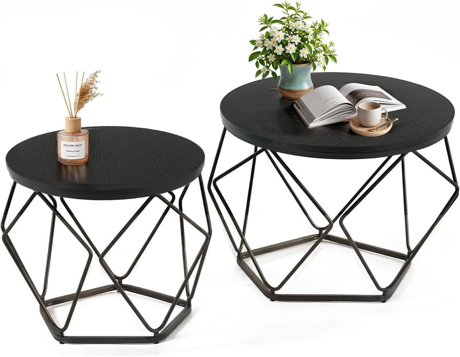 Simenmax 2-Piece Round Nesting Coffee Table Set with Hidden Storage, Modern Geometric Side Tables and Movable End Tables for Living Room, Black