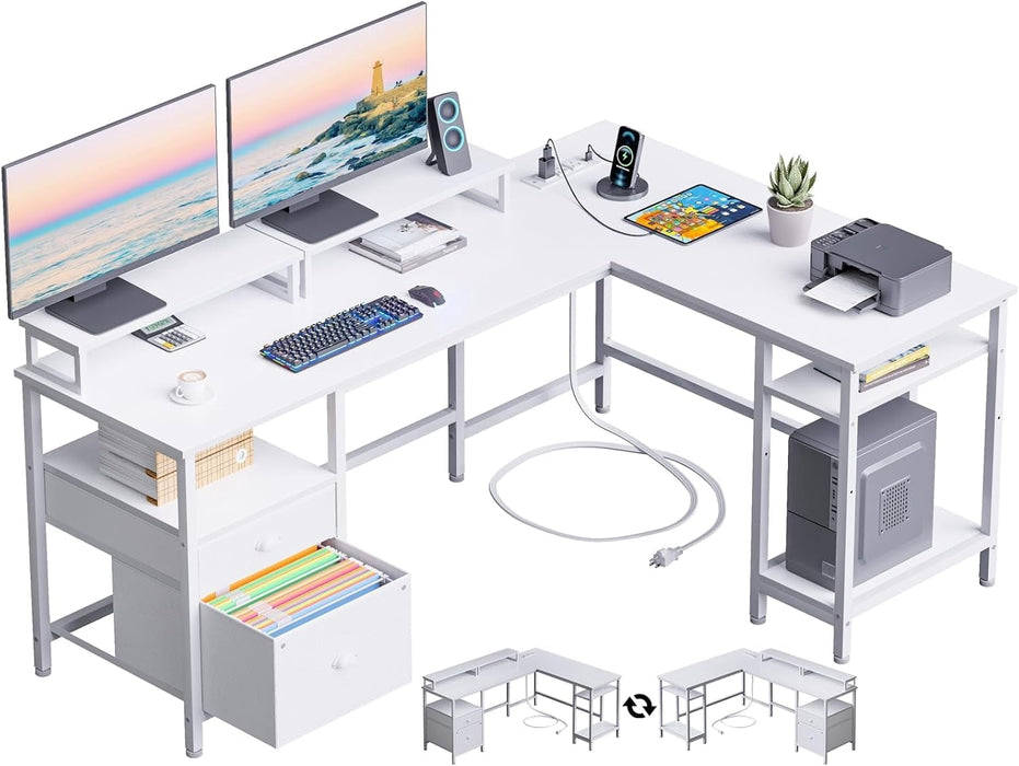 Taoset 62" Reversible L Shaped Desk, Large Corner Computer Desk with Built-in Power Outlet, File Drawer & Monitor Stand, for Home Office & Gaming, White