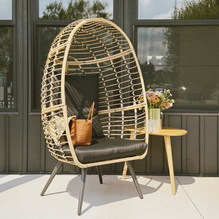 Betcozy Egg Chair With Stand, Outdoor Patio Chair for Relaxing, Reading, Conversation, Wicker Rattan Lounge Chair With Cushion for Indoor, Living Room, Backyard, Balcony, Black