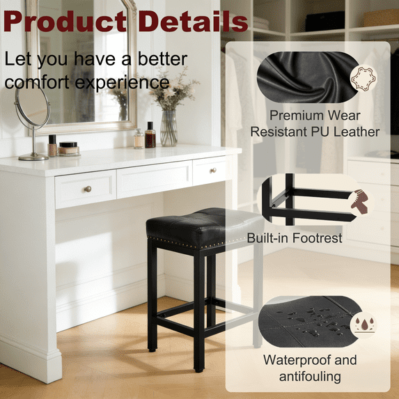Aidoly Set of 2, 24 Inch Counter Stools - Ergonomic Saddle Seat with Metal Frame & Footrest for Kitchen Island, Living Room