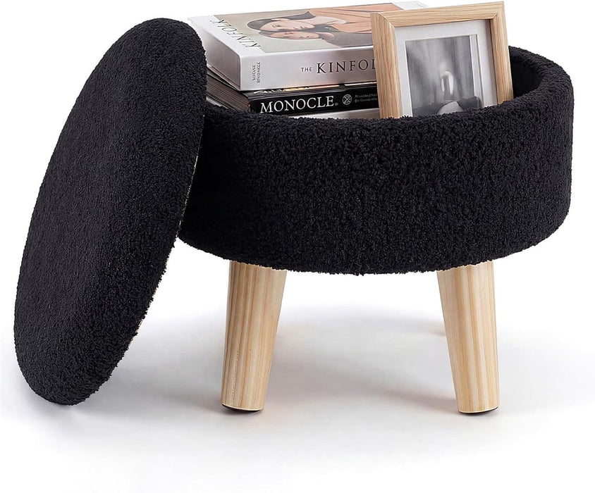 Simenmax Round Storage Ottoman, 13" Compact Boucle Foot Rest Stool with Hidden Storage & Padded Seat for Living Room, Bedroom, Black