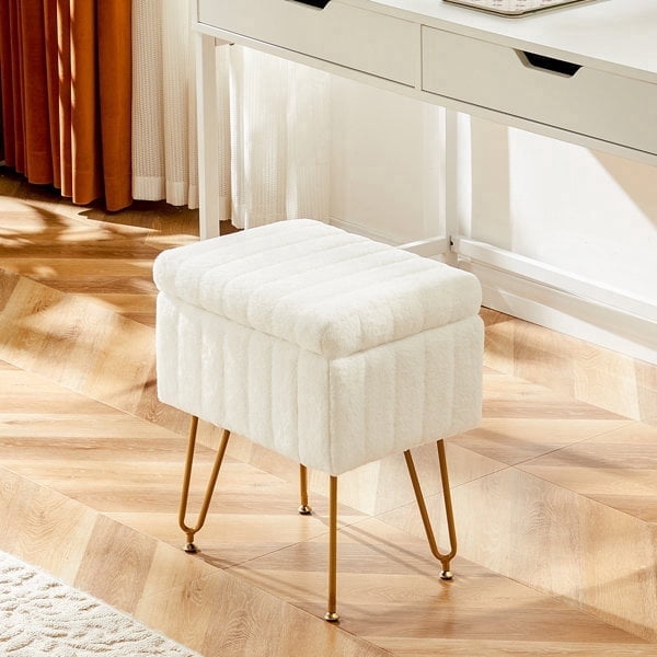 Taoset Vanity Storage Ottoma with Tray Top, Faux Fur Footrest Stool with Gold Hairpin Legs, Padded Vanity Seat for Living Room & Bedroom, White