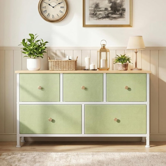 Simenmax 5 Dresser for Bedroom, 5 Storage Drawers, Wide Fabric Closet Chests Organizer Tower Furniture with Wooden Top Metal Frame for Clothes, Room, Living Room, Hallway, Entryway, Light Green