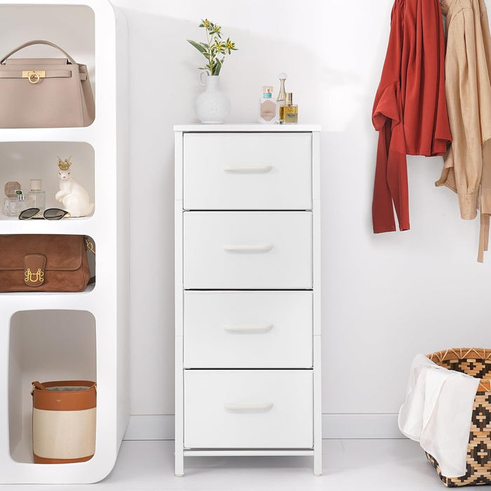 Blorly 4 Drawers Fabric Dresser, Nightstand With Wide Chest Of Drawers,Storage Tower Storage Dresser Closet For Living Room, Bedroom, Hallway, White