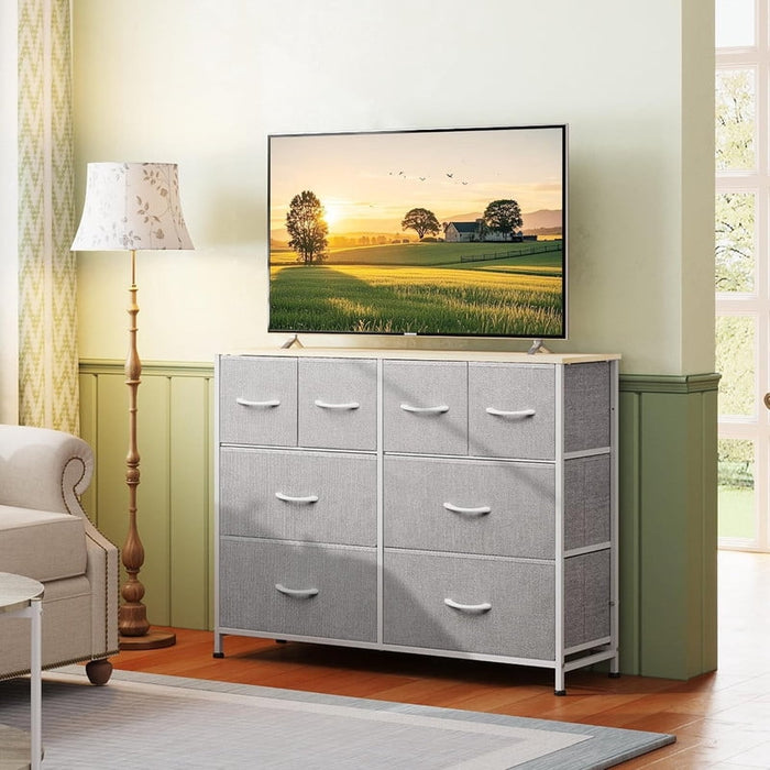 Simenmax TV Stand with 8 Drawers, Light Gray Dresser with Wood Top Fabric Chest of Drawers for Bedroom, Closet, Living Room, Entryway