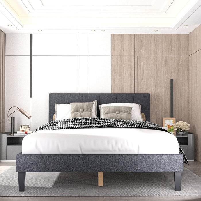 Full Bed Frames with Headboard, Upholstered Platform Bed with Wood Slats 800 lbs Support , Noise Free, No Box Spring Needed, Dark Grey