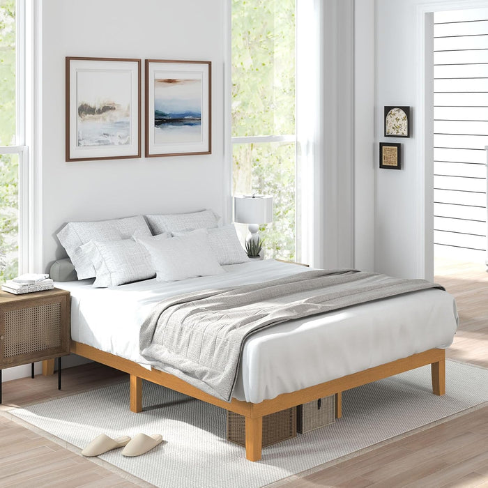 TINKLE WELL Solid Wood Bed Frame, Twin Size Bed Base with Wood Slat Support, No Box Spring Needed, 12" Height Noise-Free Natural Pine Frame, Easy Assembly
