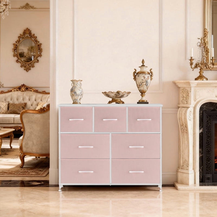Nextay 7 rawers Dresser, Tall Chest Dresser & Fabric Storage Tower with Wood Top for Bedroom, Living Room, Hallway,Pink