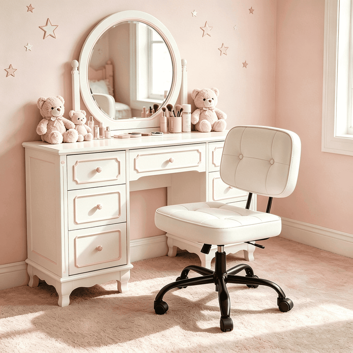 Taoset Armless Vanity Chair for Makeup Room, Small Desk Chair with Tufted PU Leather, Adjustable Height Rolling Computer Chair for Home Office & Dorm, Beige