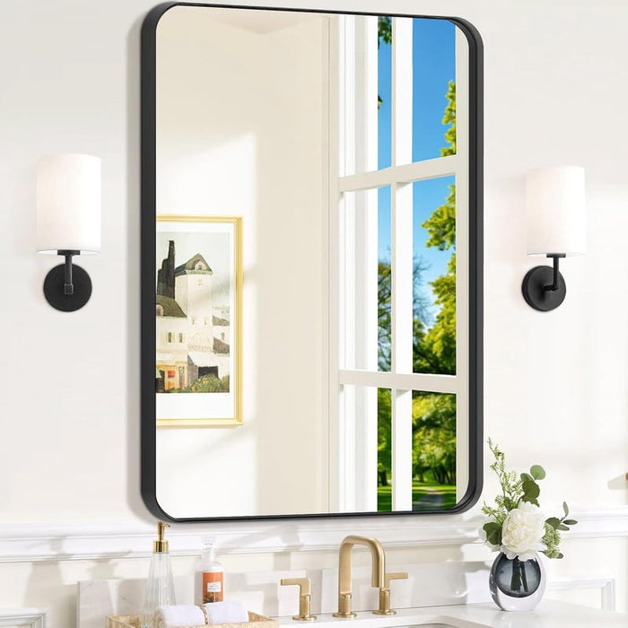 Bigleap Black Bathroom Mirror, Modern Rounded Rectangle Vanity Mirror for Over Sink, Wall Mounted Mirror with Rustproof Aluminum Frame, （30"x36"）