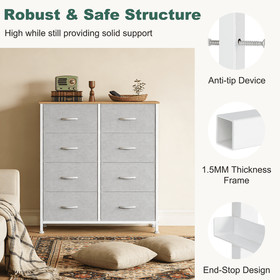Aidoly Dresser for Bedroom, 8 Storage Drawers, Anti-Tip Fabric Closet Chests Organizer Tower Furniture with Wooden Top Metal Frame for Clothes, Living Room, Hallway, Entryway