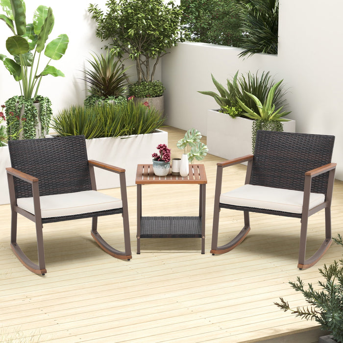 Blorly Patio Furniture Set,  3 Pieces Patio Set with Rattan Rocking Chairs with Coffee Table and Cushions Included, Wicker Bistro Conversation Sets, Brown and Beige
