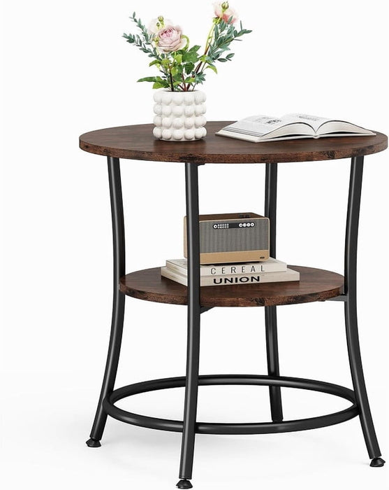 Simenmax 2-Tier Round Side Table, Grey Wood Grain End Table with Storage Shelf, Metal Frame Nightstand for Living Room, Bedroom,Brown