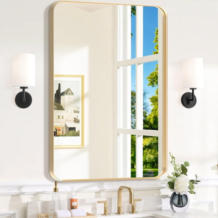 Bigleap Gold Bathroom Mirror, Modern Rounded Rectangle Vanity Mirror for Over Sink, Wall Mounted Mirror with Rustproof Aluminum Frame, （20"x16"）